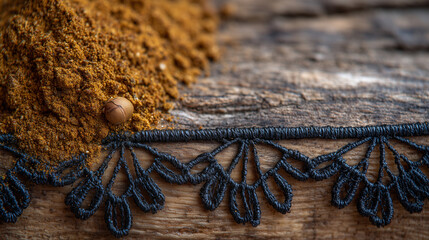 Extreme close-up of mace spice resting on textured aged wood, intricate lace structure and fibrous patterns clearly visible, warm sunlight highlighting edges, organic and aromatic