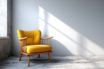 Bright yellow upholstered armchair rests against a minimalist white wall with strong diagonal sunlight rays