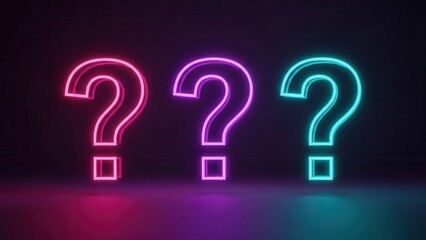 Three glowing neon question marks in pink, purple, and cyan on a dark background