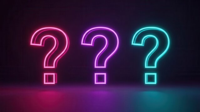 Three glowing neon question marks in pink, purple, and cyan on a dark background - Powered by Adobe