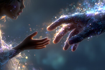 Inner child connects with adult self through gentle touch in abstract light