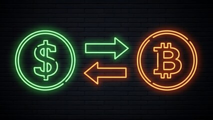 Neon sign depicting a financial exchange between us dollars and bitcoin cryptocurrency on a dark brick wall