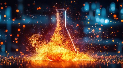 Erlenmeyer flask engulfed in fiery particles; blue bokeh in background