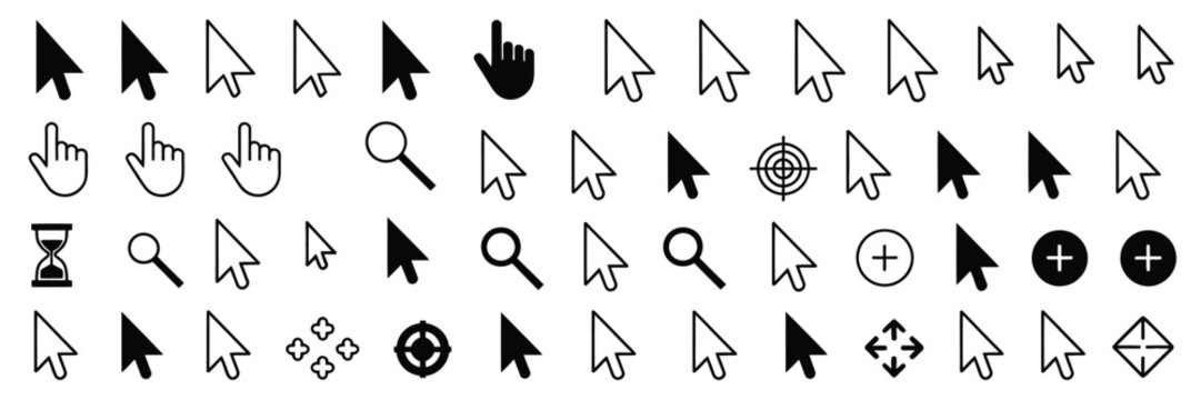 Click cursor icon collection, set of computer mouse symbol, arrow, hand, hourglass, mouse, zoom click icons, computer mouse click cursor arrow and loading icons, vector illustration