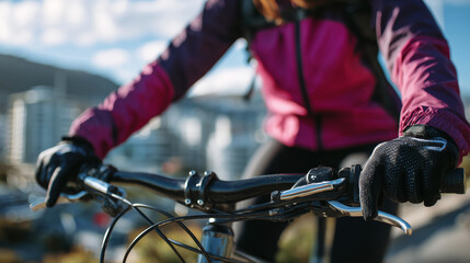 Woman riding a bicycle on a city street, close-up on hands and gears shifting, polished metallic details, sunlight catching spokes, blurred colorful urban background, active lifest