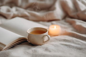 stay-at-home self care, minimalist wellness flat lay with gratitude journal, lit candle, and tea cup on neutral background, bathed in soft morning light