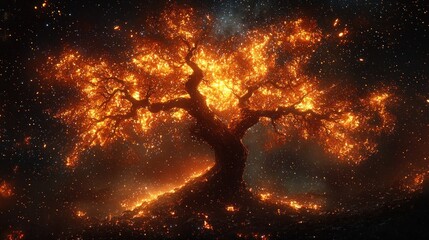 Flaming tree silhouette against a starry sky, embers swirling