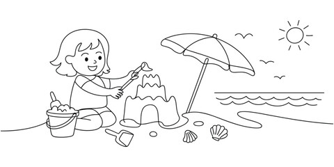A happy young girl is building a sandcastle on a sunny beach with toys and shells Illustration