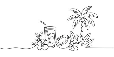A refreshing tropical scene depicted in simple continuous line art with a drink coconut and palm tree Illustration