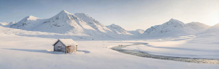 Panoramic winter landscape with lonely wooden cabin in snowy mountains at sunrise.