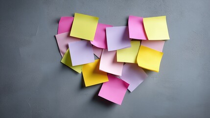 Multicolor sticky note in heart shape. Romantic message and reminder for Valentines Day. Love concept.