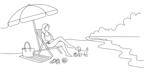 A woman relaxes on a beach chair under an umbrella with her dog and beach accessories nearby Illustration
