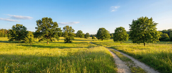 Rural dirt road winding through a green meadow with trees on a sunny summer day.