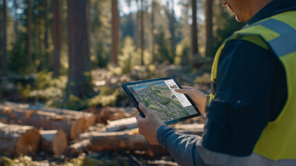 Close-up of forestry worker using a tablet in a dense forest, digital forest maps visible on screen, logs and tree trunks around, sunlit foliage creating dappled light, high-tech t