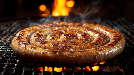 Grilled spiral sausage sizzling over hot fire, grill marks visible