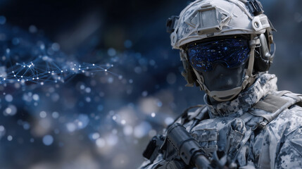 Digital soldier in full combat gear, helmet visor reflecting network schematics, standing in front of abstract digital mesh of interconnected nodes, futuristic cyber defense concep