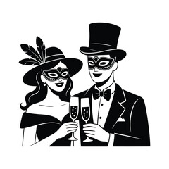 Elegant couple wearing Venetian masks and formal attire toasting with champagne glasses at a masquerade ball celebration Illustration