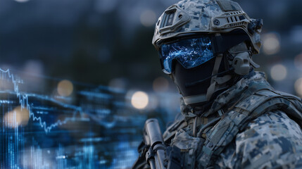 Futuristic combat soldier in tactical gear, digital network background with streaming data and light grids, helmet visor reflecting network diagrams, concept of cyber defense and m