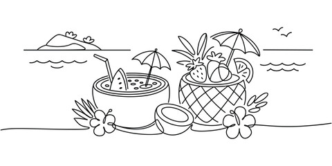 Line art illustration depicting tropical drinks and island scenery with fruits and flowers isolated on transparent background Illustration