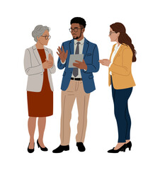 Obraz premium Diverse business professionals in a meeting, discussing and presenting, modern minimalist corporate style. Flat vector illustration isolated on transparent background