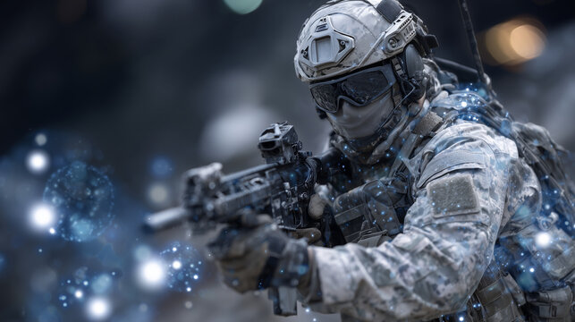 Digital soldier in advanced combat gear, standing against floating holographic network spheres, light glinting off tactical armor, cybernetic defense and futuristic military simula