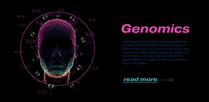 Futuristic pointillism-style genomic portrait with radial data markers. Conceptual vector illustration for genomics, human genome sequencing, personalized medicine and DNA data visualization themes.