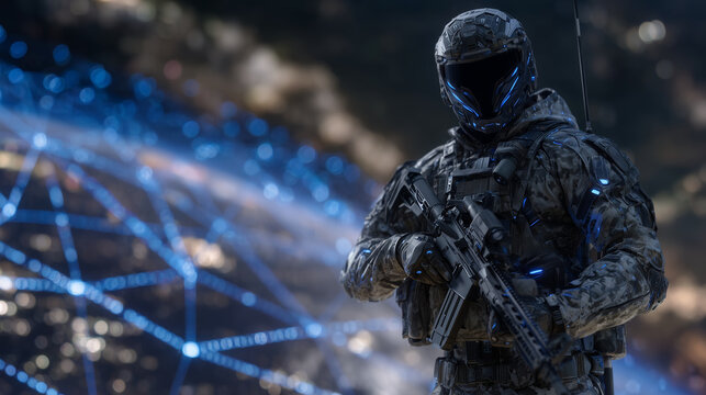Digital soldier standing tall in front of holographic network web, tactical armor illuminated with neon accents, streams of code floating in the background, cinematic cyber-militar
