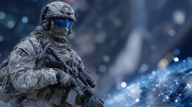 Digital soldier in advanced combat gear, standing against floating holographic network spheres, light glinting off tactical armor, cybernetic defense and futuristic military simula