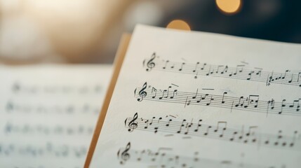 A close-up of sheet music displaying musical notes, illuminated by soft light, creating an artistic and serene atmosphere.