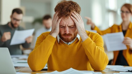 A stressed man in a yellow sweater holds his head in despair amidst a chaotic office environment filled with papers and colleagues.