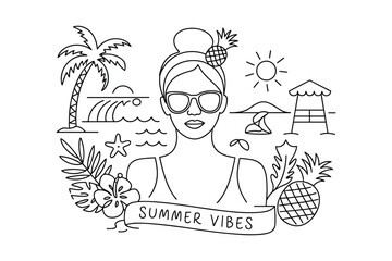 Stylized line art illustration of a woman surrounded by tropical beach elements and summer symbols for a vibrant vacation feel Illustration