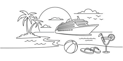 Stylized line drawing of a tropical beach scene with a cruise ship and vacation essentials Illustration