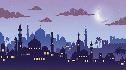 A serene Islamic mosque silhouette stands tall during Ramadan night with Eid celebrations under the bright moon, capturing a spiritual moment in a religious setting