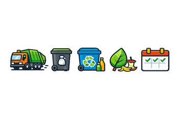 Recycling and Waste Management Icons with a Truck and Calendar