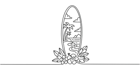 Surfboard outline featuring a tropical island scene with palm trees and ocean waves Illustration