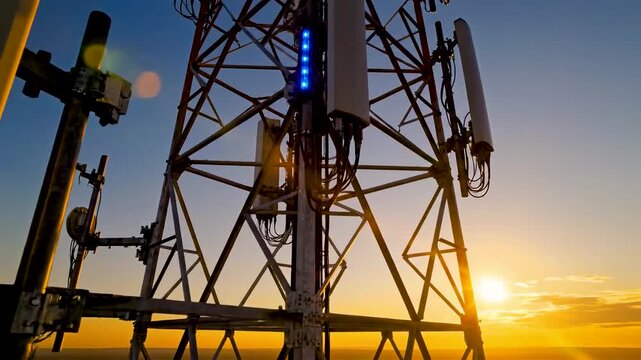 Telecommunication tower with mounted antennas at sunset sky showing modern wireless infrastructure metal structure and signal equipment