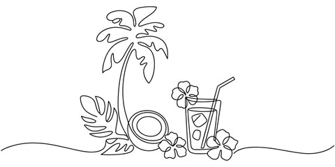 Tropical vacation scene with palm tree coconut and refreshing drink isolated on transparent background Illustration
