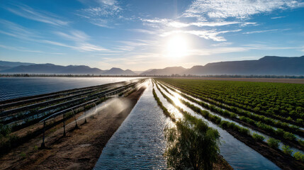 Solar panels for irrigation systems in farmer's fields in countryside, in a large agricultural field. The concept of an alternative energy source, energy saving, careful attitude to our planet Earth.