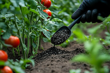 Gardener Fertilizing Young Tomato Plants in Vegetable Garden, Organic Tomato Growing with Fertilizer Application in Garden Soil