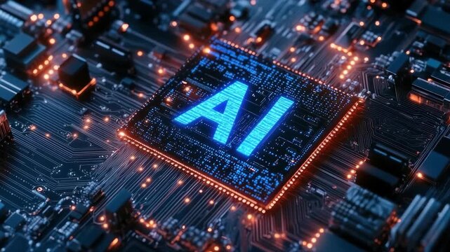 Futuristic video concept of AI technology. Aerial view of a glowing AI chip on a circuit board, highlighting advanced digital innovation. Live desktop wallpaper.