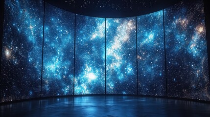 Room with curved screens displaying a vibrant, detailed cosmic galaxy scene