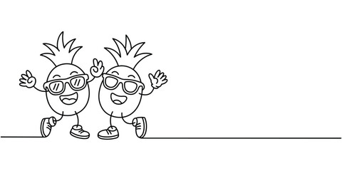 Happy cartoon pineapples wearing sunglasses and waving with joy isolated on transparent background Illustration