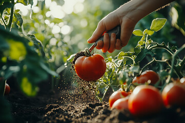 Gardener Fertilizing Young Tomato Plants in Vegetable Garden, Organic Tomato Growing with Fertilizer Application in Garden Soil