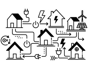 Fototapeta premium Smart Eco-Home Network and Green Energy Concept. Minimalist Vector Illustration of Connected Houses with Solar and Wind Power for Sustainable Living and Modern Infrastructure.