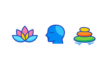 Fototapeta premium Lotus, meditation, and stacked stones icons with glowing effect