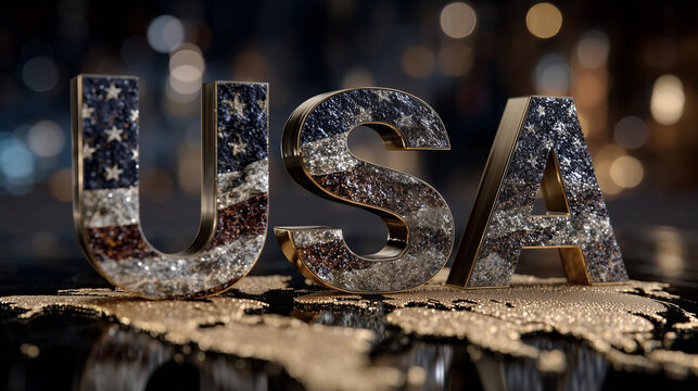 USA in three-dimensional stars-and-stripes letters, illuminated by warm studio lights, golden metallic world map below, cinematic wide-angle perspective emphasizing global presence - Powered by Adobe