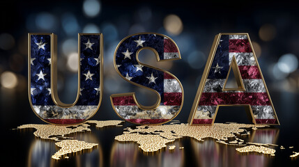 USA spelled out in 3D letters with stars-and-stripes pattern, golden world map below softly illuminated, subtle metallic sheen on letters, patriotic Americana design with global pe