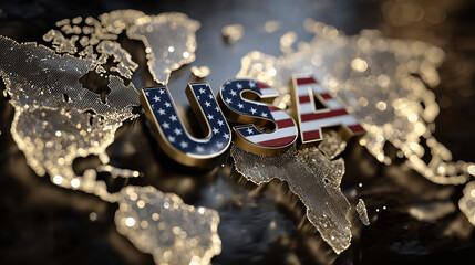 Three-dimensional "USA" with glossy stars-and-stripes finish, hovering above a radiant golden world map, soft reflections and highlights creating depth, proud global symbolism