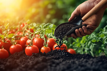 Gardener Fertilizing Young Tomato Plants in Vegetable Garden, Organic Tomato Growing with Fertilizer Application in Garden Soil