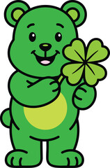 Cute Green Bear Holding Four Leaf Clover Vector Illustration for St Patrick&rsquo;s Day.